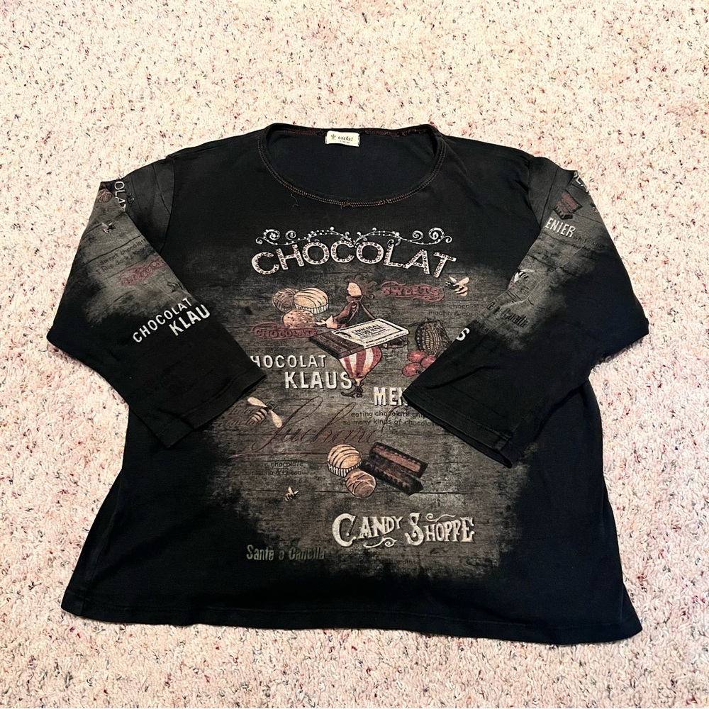 Black Chocolate Detailed Graphic Long Sleeve T-Shirt